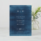 Navy Blue Monogram & Border Elegantes Foto Save The Date (Stehend Vorderseite)
