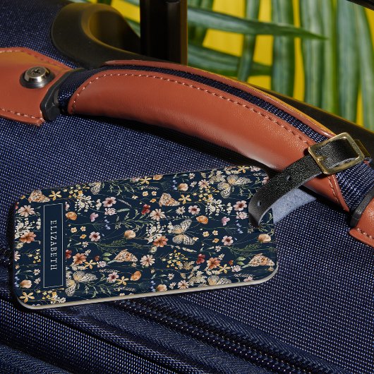 Navy Blue Monogram Floral Luggage Tag Gepäckanhänger