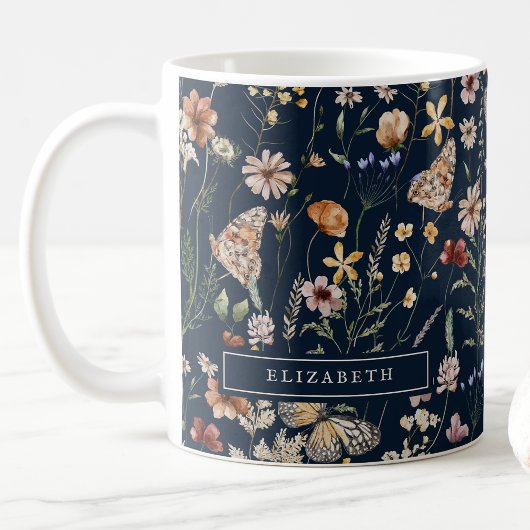 Navy Blue Monogram Floral Tasse