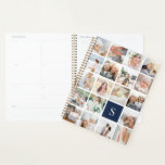 Navy Blue Monogram Foto Collage Planer<br><div class="desc">Passen Sie diesen schicken Planer mit 19 quadratischen Fotos in einer Rasterkollage-Anordnung an,  mit Ihrem Single initiale Monogramm auf einem marineblauen Quadrat unten rechts. Die Rückseite hat Ton auf den Ton Streifen in passender klassischer Marineblau.</div>