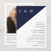 Navy Blue Monogram Foto QR Code Brautparty Einladung (Vorne/Hinten)