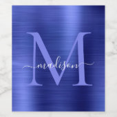 Navy Blue Monogram Girly Script Metallic Steel Weinetikett (Einzelnes Label)