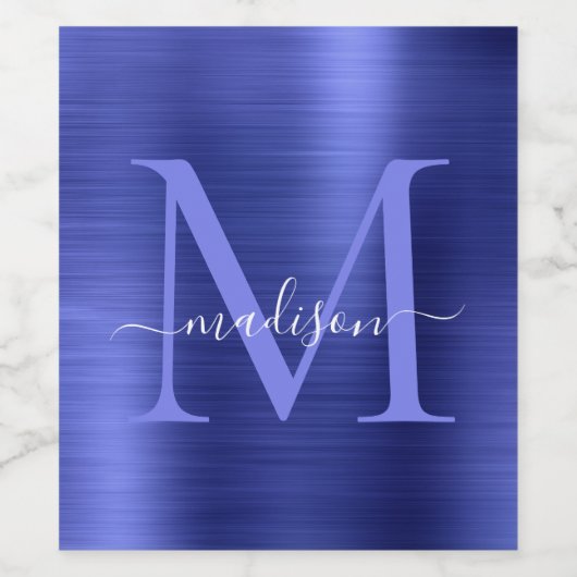 Navy Blue Monogram Girly Script Metallic Steel Weinetikett (Einzelnes Label)