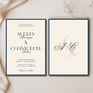 Navy Blue Monogram Glam Formal Old Money Hochzeit Einladung