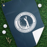 Navy Blue Monogram Golfer Swing Golfhandtuch<br><div class="desc">Dieses Design zeigt eine Darstellung eines Goldballs und eines Golfers,  der einen Club schwingt,  und hat zwei Textfelder,  die man benutzen kann,  um ihn zu personalisieren - vielleicht mit einem Namen und einem Golfclub.</div>