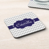 Navy Blue Monogram Grey Zickzack Pattern Getränkeuntersetzer (Linke Seite)
