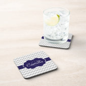 Navy Blue Monogram Grey Zickzack Pattern Getränkeuntersetzer (Rechte Seite)