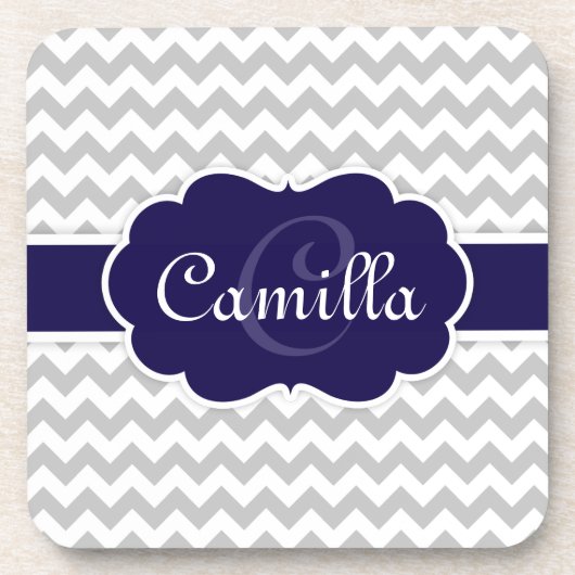 Navy Blue Monogram Grey Zickzack Pattern Getränkeuntersetzer (Vorderseite)