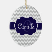 Navy Blue Monogram Grey Zickzack Pattern Keramikornament (Rechts)