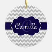 Navy Blue Monogram Grey Zickzack Pattern Keramikornament (Vorne)