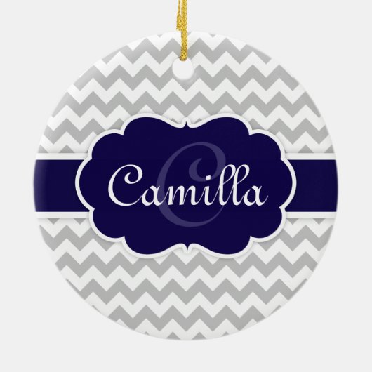 Navy Blue Monogram Grey Zickzack Pattern Keramikornament (Hinten)