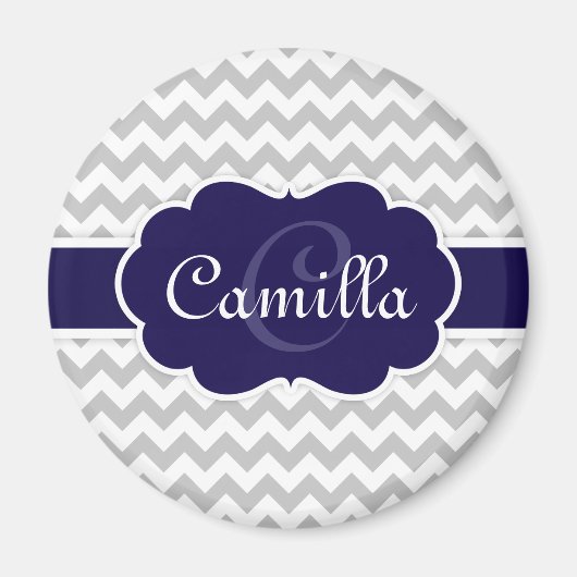 Navy Blue Monogram Grey Zickzack Pattern Magnet (Vorne)