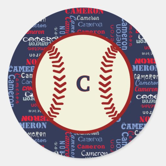 Navy Blue Monogram Name gibt Jungs Baseball C Runder Aufkleber (Vorderseite)