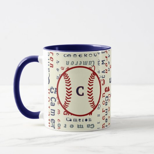 Navy Blue Monogram Name gibt Kindern Jungen Baseba Tasse (Links)