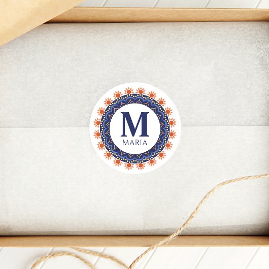 Navy Blue Monogram Name Mandala Custom Runder Aufkleber