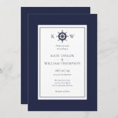 Navy Blue Monogram Nautical Ship Wheel Wedding Einladung (Vorne/Hinten)