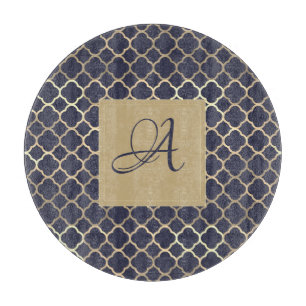 Navy Blue Monogram Quatrefolie Newlyweds Wedding Schneidebrett