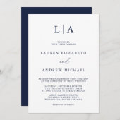 Navy Blue Monogram Simple Minimalistisch Wedding Einladung (Vorne/Hinten)