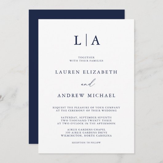 Navy Blue Monogram Simple Minimalistisch Wedding Einladung (Vorne/Hinten)