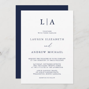 Navy Blue Monogram Simple Minimalistisch Wedding Einladung