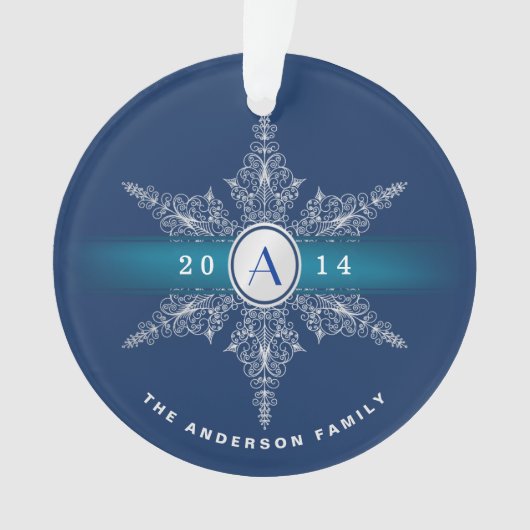 Navy Blue Monogram Snowflake Christmas Ornament (Vorderseite)
