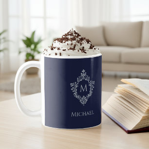 Navy Blue Monogram Vintag Antikes Wappen & Name Kaffeetasse