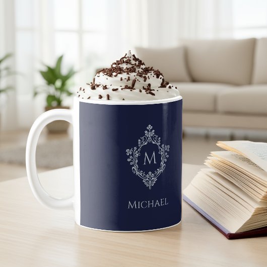 Navy Blue Monogram Vintag Antikes Wappen & Name Kaffeetasse