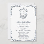 Navy Blue Monogram Vintages Wappen Einladung (Vorderseite)