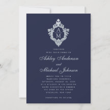 Navy Blue Monogram Vintages Wappen Elegante Hochze