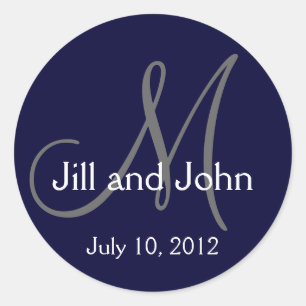 Navy Blue Monogram Wedding Bride Groom Date Siegel Runder Aufkleber