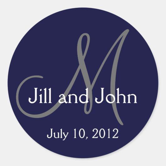 Navy Blue Monogram Wedding Bride Groom Date Siegel Runder Aufkleber (Vorderseite)