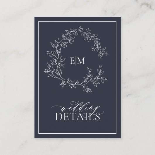 Navy Blue Monogram Wedding Details Enclosure Card Begleitkarte (Vorderseite)