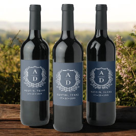 Navy Blue Monogram Wedding Floral Wappen Weinetikett