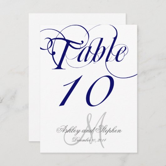 Navy Blue Monogram Wedding Tischnummer Card (Vorne/Hinten)