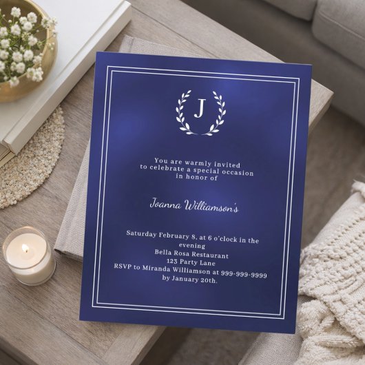 Navy blue monogram wreath age-neutral invitation