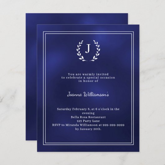 Navy blue monogram wreath age-neutral invitation (Vorne/Hinten)