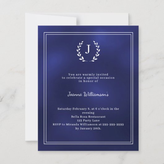 Navy blue monogram wreath age-neutral invitation (Vorderseite)