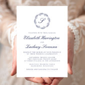 Navy Blue Monogram Wreath Script Wedding Einladung