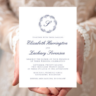 Navy Blue Monogram Wreath Script Wedding Einladung