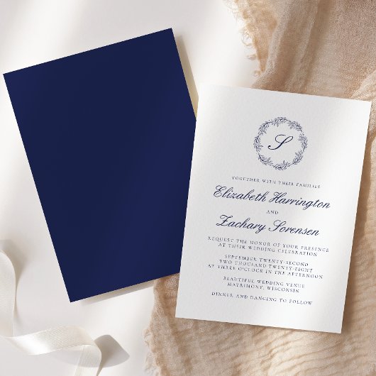 Navy Blue Monogram Wreath Script Wedding Einladung