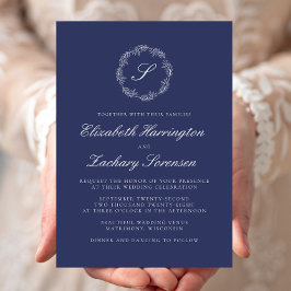 Navy Blue Monogram Wreath White Script Wedding Einladung