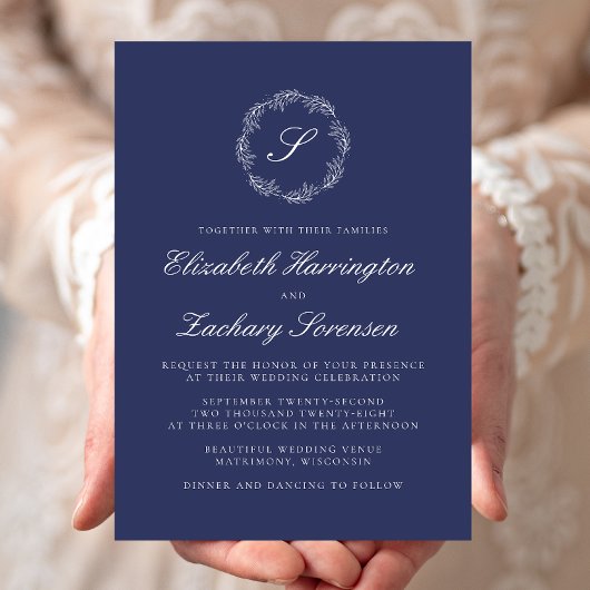 Navy Blue Monogram Wreath White Script Wedding Einladung