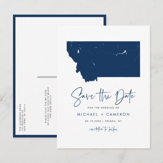 Navy Blue Montana Staat Karte QR-Code Save the Dat (Vorne/Hinten)