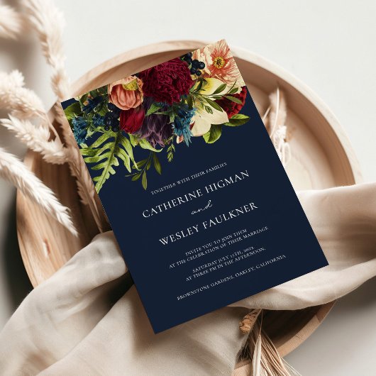 Navy Blue Moody Floral Burgundy Wedding Einladung