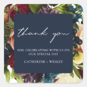 Navy Blue Moody Floral Burgundy Wedding Quadratischer Aufkleber (Vorderseite)