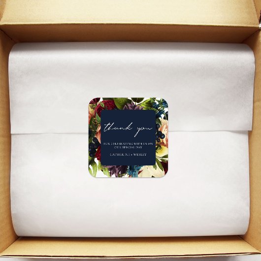 Navy Blue Moody Floral Burgundy Wedding Quadratischer Aufkleber
