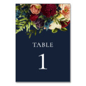 Navy Blue Moody Floral Burgundy Wedding Tischnummer (Vorderseite)