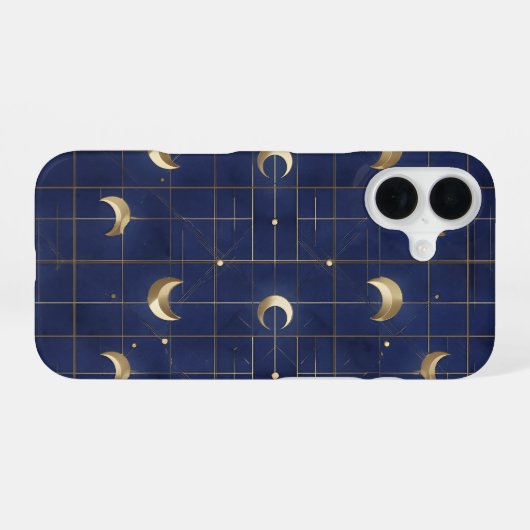 Navy Blue Moon and Gold Grid Design iPhone 16 Hülle (Rückseite (Horizontal))