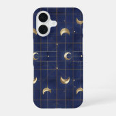 Navy Blue Moon and Gold Grid Design iPhone 16 Hülle (Rückseite)
