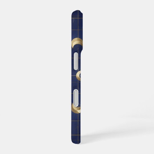Navy Blue Moon and Gold Grid Design iPhone 16 Hülle (Rechte Seite)